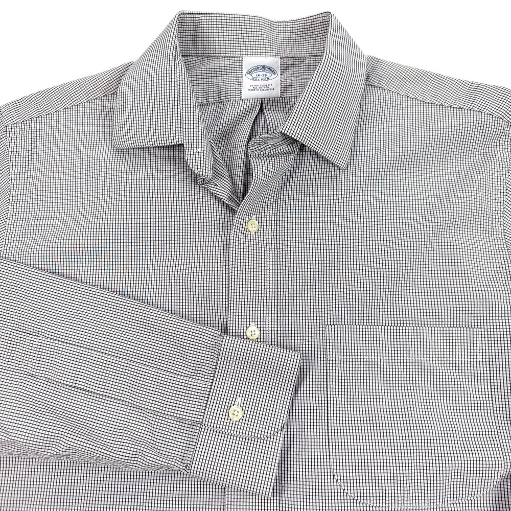 Brooks Brothers Shirt Mens 16 34/35 Gray Check Extra Slim All Cotton Office Work